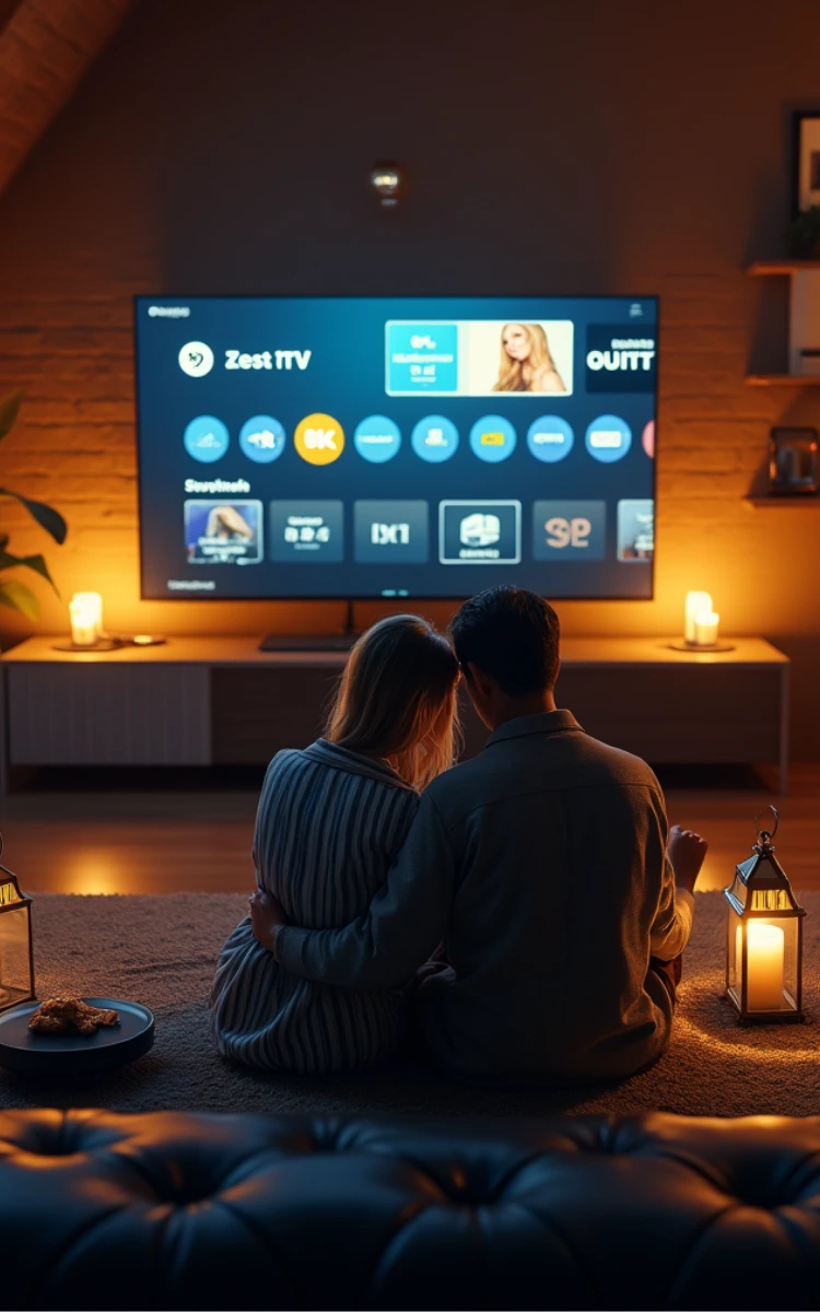 Dois amantes assistem tranquilamente a canais iptv tv num quarto confortável, desfrutando de séries e filmes em HD com total conforto e privacidade aos melhores preços.