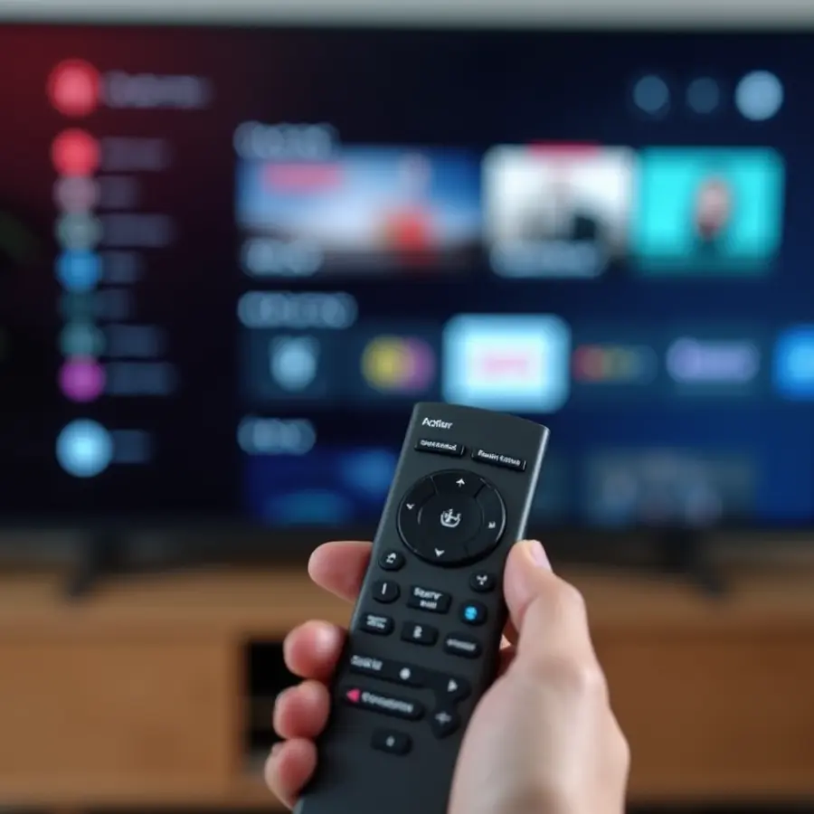 Usuário controlando a TV com controle remoto enquanto navega pelos canais iptv, escolhendo suas séries e filmes favoritos com facilidade e alta qualidade com iptvportugalhd.