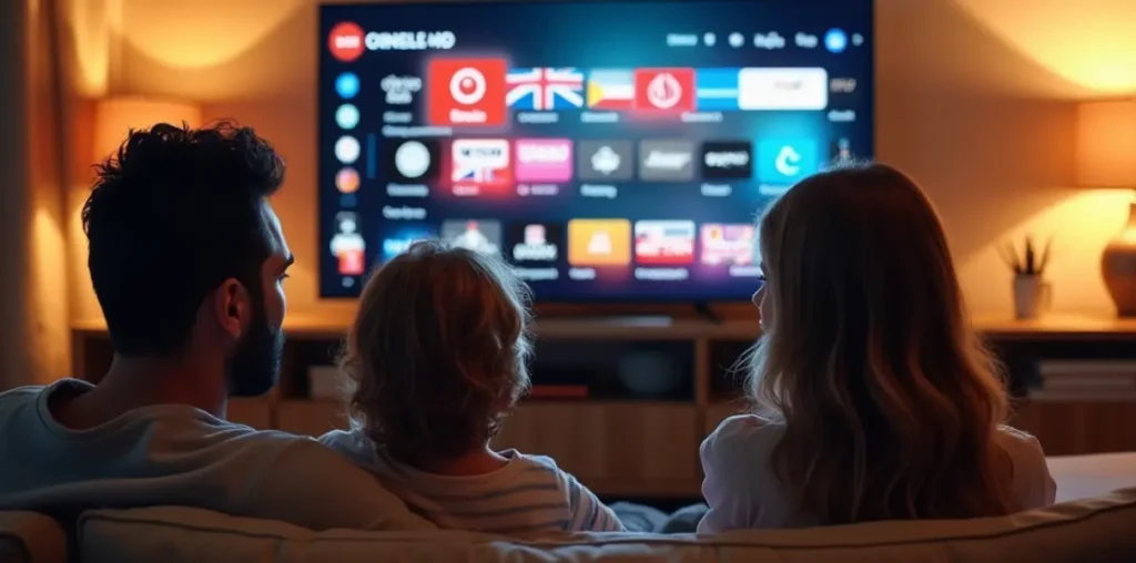 Tela de TV exibindo a interface de iptv todos canais tv com centenas de opções ao vivo e por demanda, incluindo filmes, séries, esportes e programação internacional comiptvportugalhd.